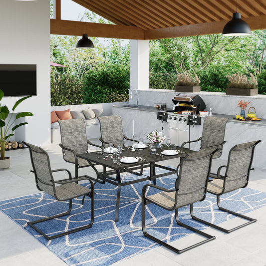 MF Studio 7 Pieces Outdoor Patio Dinning Set with 1 Metal Dinning Table and 6 Pieces Textilene C Spring Chairs, Black&Gray