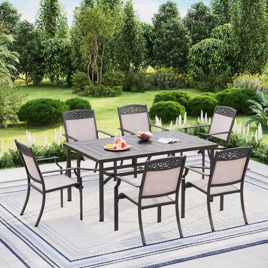Summit Living 7 Pieces Aluminum Outdoor Patio Dining Set with 6 Aluminum Stackable Chairs and 1 Metal Rectangular Steel Table,Black&Beige