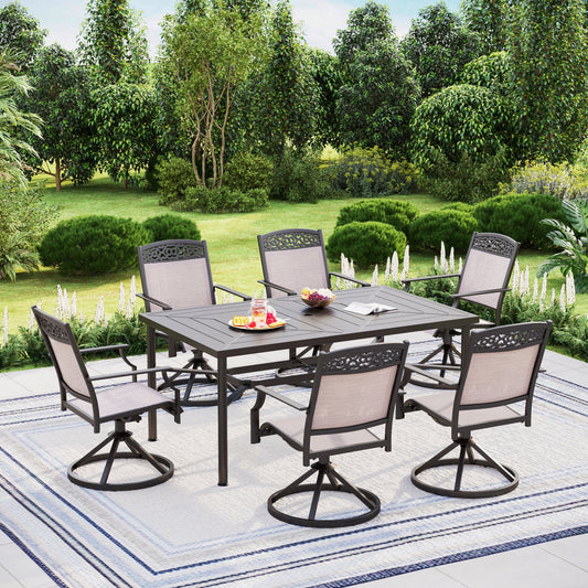 Summit Living 7 Pieces Outdoor Patio Dining Set with 6 Aluminum Swivel Chairs and 1 Metal Rectangular Steel Table,Black&Beige