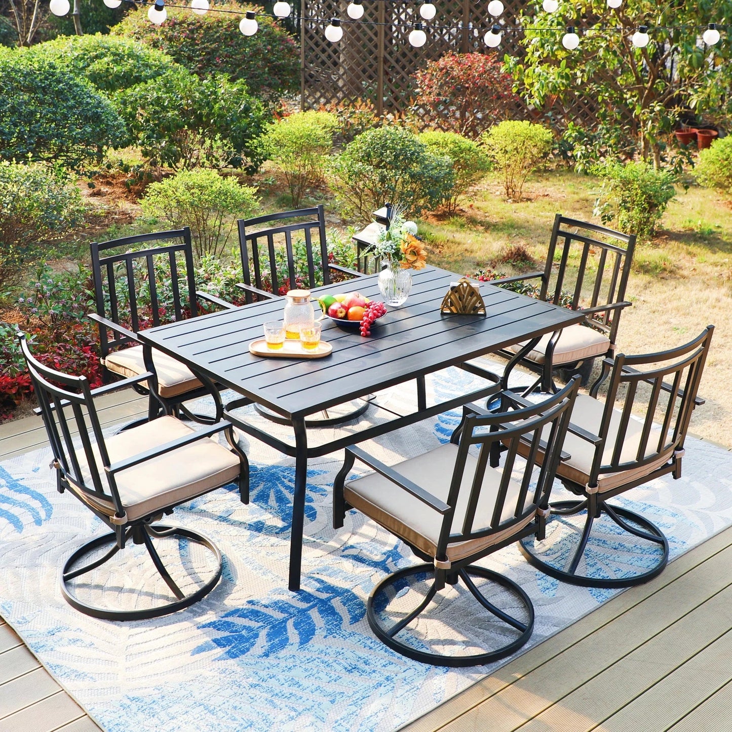 MF Studio 7-Piece Outdoor Dining Set with Swivel Cushioned Chairs & Rectangle Table for 6-Person, Black & Beige
