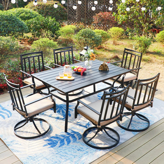 MF Studio 7-Piece Outdoor Dining Set with Swivel Cushioned Chairs & Rectangle Table for 6-Person, Black & Beige