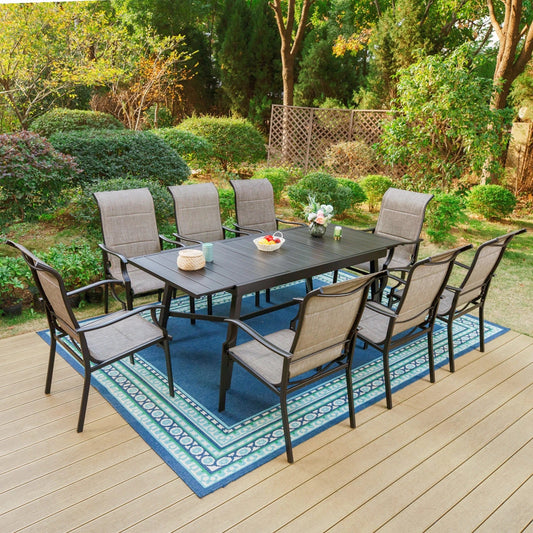 MF Studio 9-Piece Outdoor Patio Dining Set with Large Extendable Table & Textilene Armchairs for 8 Person, Black
