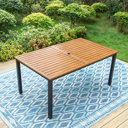 Summit Living Outdoor Rectangle Dining Table, 1.9" Umbrella Hole & Wood Grain Top for 6-Person, Black & Brown