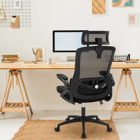 Summit Living Ergonomic Mesh Home Office Chair with Headrest,High Back Computer Desk Chair with Flip-up Armrests,Height Adjustable Lumbar Support,Black
