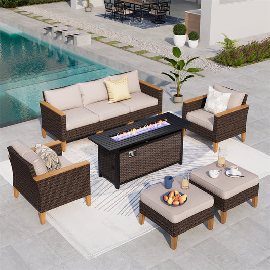 Summit Living 8 Pieces Patio Furniture Set with 56 Inch Fire Pit Table Wicker Patio Conversation Set Beige