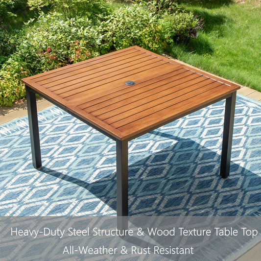 Summit Living Outdoor Square Dining Table, 1.9" Umbrella Hole & Wood Grain Top, Black & Brown