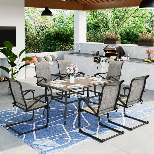 MF Studio 7-Piece Outdoor Patio Dining Set with 6 Rocking Motion C Spring Chairs& 1 Metal Frame Dining Table with PVC Tabletop for 6-Person,Black&Gray