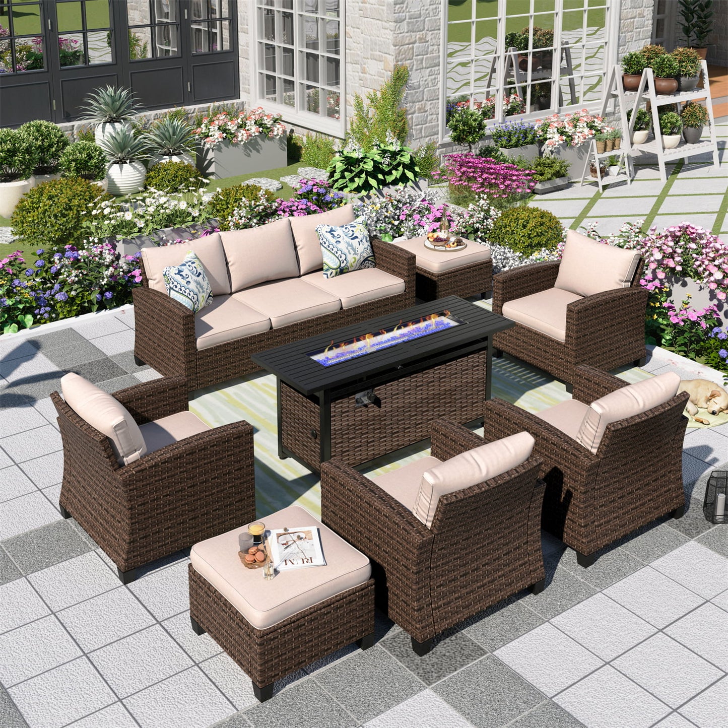 MF Studio 9-Seat Outdoor Patio Furniture Set with Fire Pit Wicker Patio Conversation Set Beige