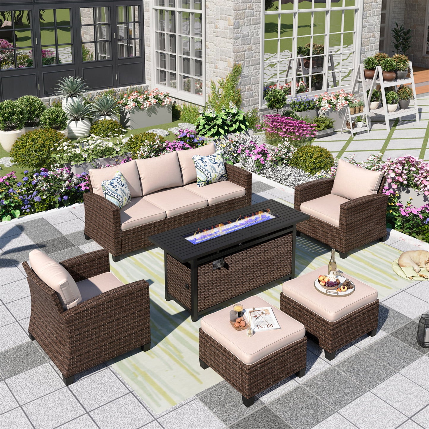 MF Studio 7-Seat Outdoor Patio Furniture Set with Fire Pit Wicker Patio Conversation Set Beige