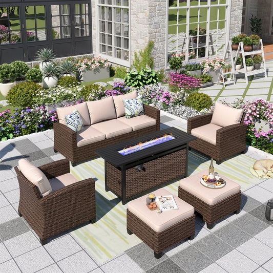 MF Studio 7-Seat Outdoor Patio Furniture Set with Fire Pit Wicker Patio Conversation Set Beige