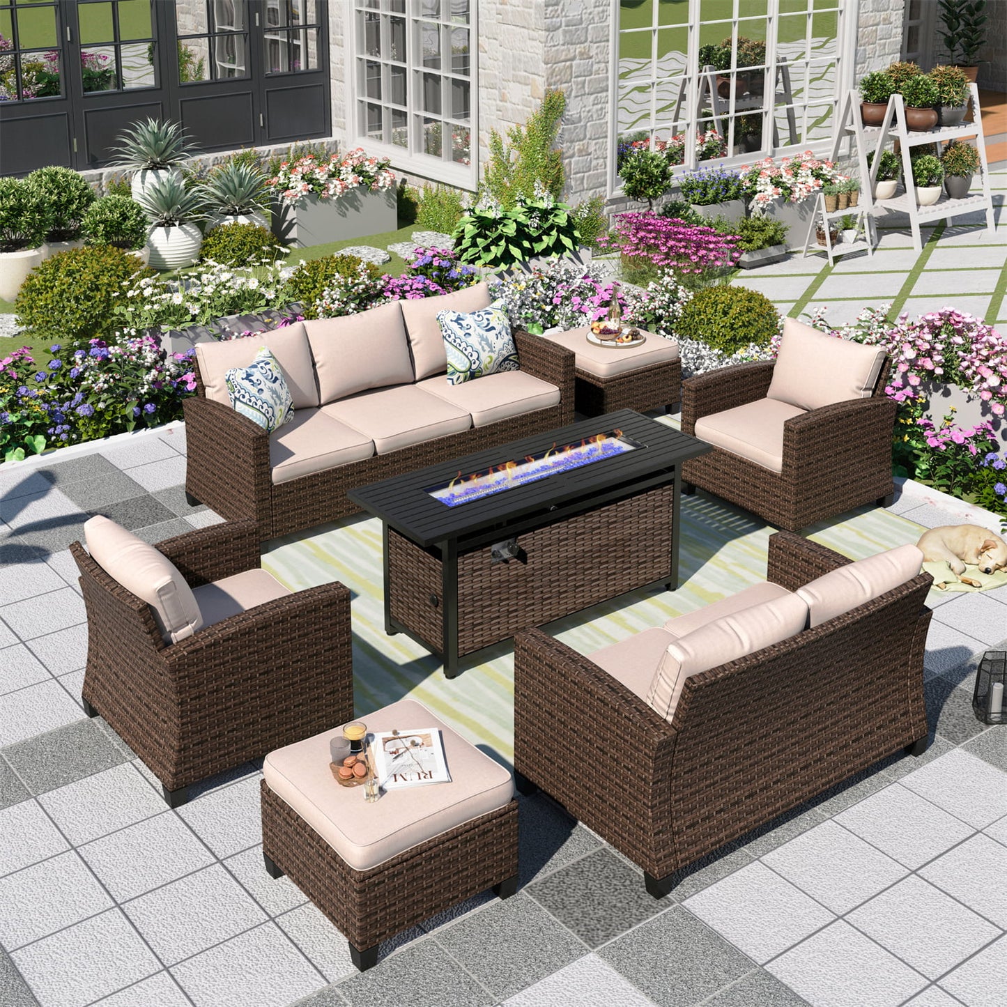 MF Studio 9-Seat Outdoor Patio Furniture Set with Fire Pit Wicker Patio Conversation Set Beige