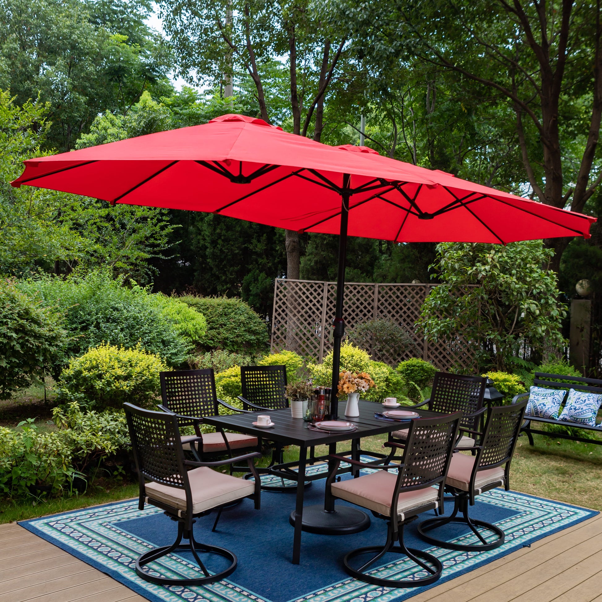 Summit Living 15ft Double-Sided Patio Umbrella with Base Large Outdoor Table Umbrella Red Summit Living 15ft Double-Sided Patio Umbrella with Base Large Outdoor Table Umbrella Red