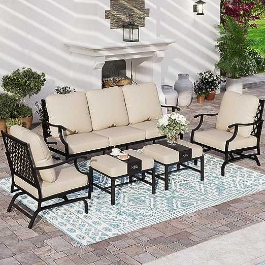 Summit Living 7-Seat Patio Furniture Outdoor Conversation Set Steel Sectional Sofa with Beige Cushion