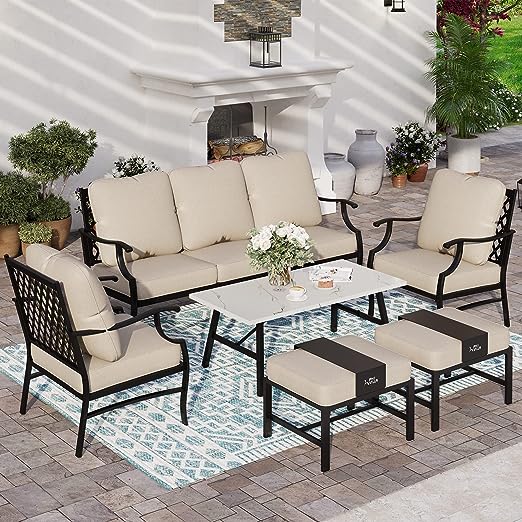 Summit Living 6 Piece Patio Furniture Outdoor Conversation Set Sectional Sofa for 7 People, Beige Cushions