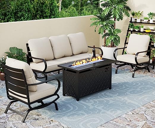 Summit Living 4 Pieces Patio Conversation Set with 45" Fire Pit Table Outdoor furniture Sectional Sofa for 5 Person, Beige Cushions