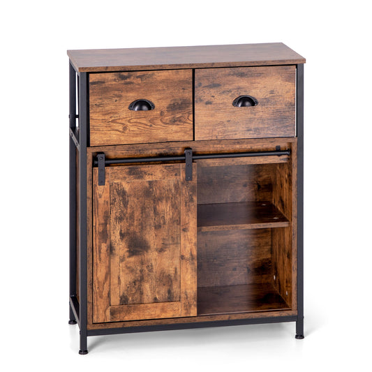 Summit Living Coffee Bar Cabinet with 2 Drawers, Kitchen Buffet Sideboard Storage Cabinet with Sliding Barn Door for Kitchen, Dining Room, Living Room, Brown