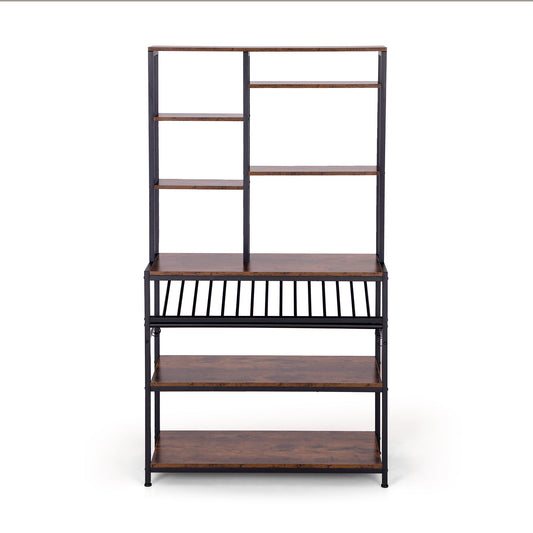 Summit Living Kitchen Bakers Rack with Wine Rack, Microwave Oven Stand, Kitchen Hutch Storage Shelf Organizer Rack Coffee Bar Station with 6 S-Hooks