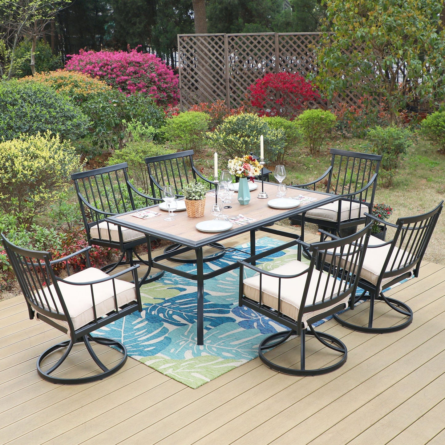 MF Studio 7-Piece Outdoor Dining Set with Faux Wood Table&Swivel Cushioned Chairs for 6-Person, Black&Beige