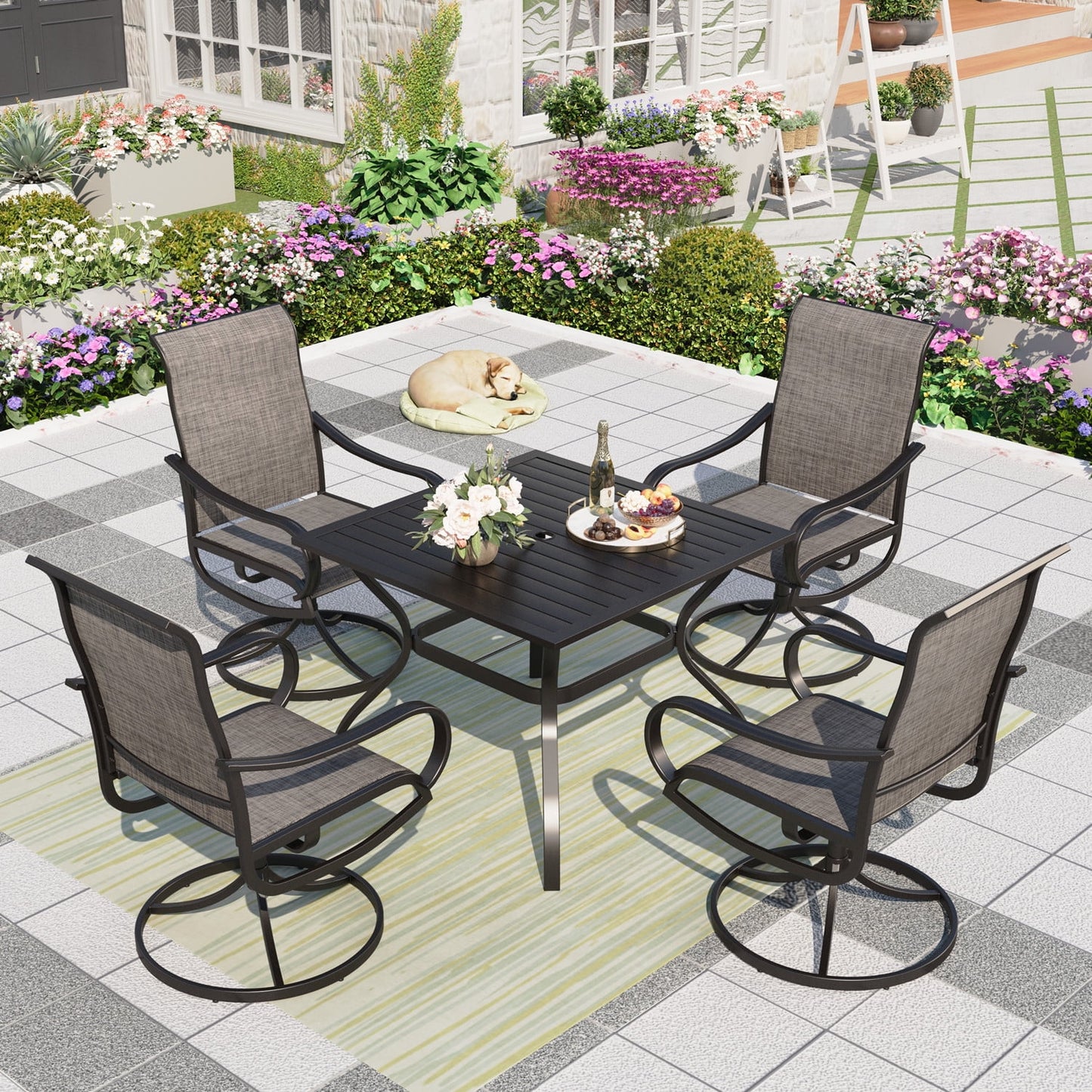 MF Studio 5 Pieces Outdoor Patio Dining Set Metal Furniture Set with Square Table and Swivel Padded Chairs for 4 person Gray