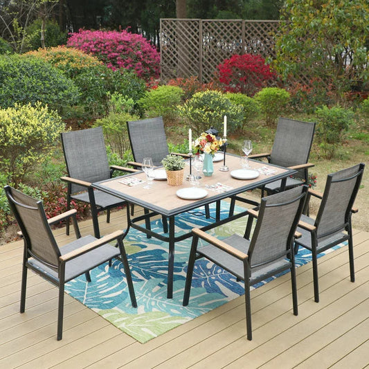MF Studio 7-Piece Aluminum Outdoor Dining Set with Stack-able Textilene Chairs&Wood-Like Table for 6-Person, Black& Gray