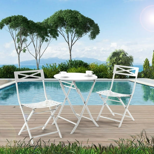 Summit Living 3-Piece Patio Bistro Set Folding Steel Table and Chairs Set Conversation Coffee Table Set for Garden Backyard Camping, White