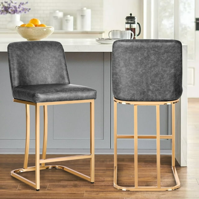 Summit Living 24'' Counter Height Bar Stools Set of 2 with Back for Kitchen Faux Leather Farmhouse Bar Chairs, Grey & Gold