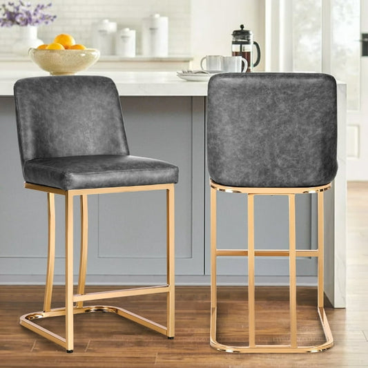 Summit Living 24'' Counter Height Bar Stools Set of 2 with Back for Kitchen Faux Leather Farmhouse Bar Chairs, Grey & Gold