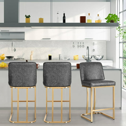 Summit Living 24'' Counter Height Bar Stools Set of 3 with Back for Kitchen Faux Leather Farmhouse Bar Chairs, Grey & Gold