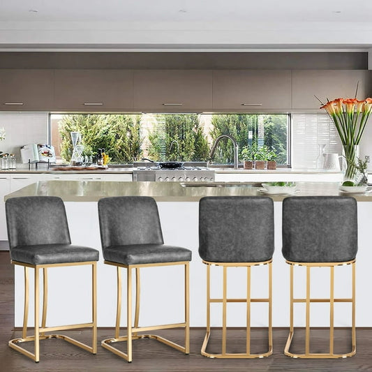 Summit Living 24¡¯¡¯ Counter Height Bar Stools Set of 4 with Back for Kitchen Faux Leather Farmhouse Bar Chairs, Grey & Gold