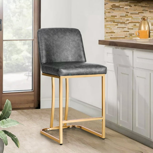 Summit Living 24'' Counter Height Bar Stools with Back for Kitchen Faux Leather Farmhouse Bar Chairs, Grey & Gold