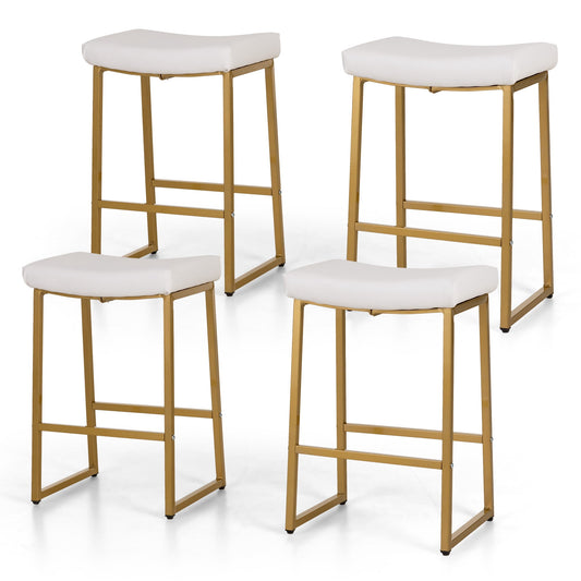 Summit Living 24 Inch Bar Stools Counter Height Saddle Backless Stools for Kitchen Upholstered Faux Leather White & Gold Stools Chairs, Set of 4