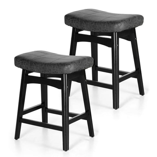 Summit Living 24 Inch Wooden Saddle Bar Stools for Kitchen Counter, Backless Faux Leather Counter Height Stools Set of 2 with Solid Wood Legs , Black