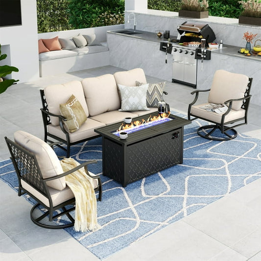 Summit Living 4 Pieces Patio Conversation Set with 45-Inch Gas Fire Pit Table Outdoor Furniture Sectional Sofa Set with Beige Cushions for 5 Person