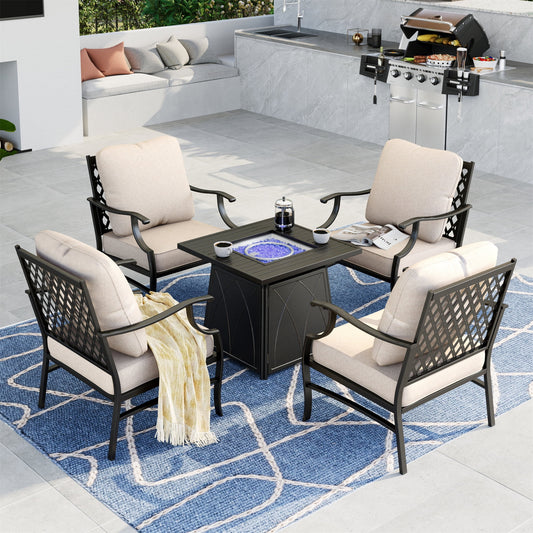 Summit Living 5 PCS Outdoor Conversation Set with 28-Inch Square Fire Pit Table Patio Furniture Sectional Sofa with Beige Cushions for 4 People