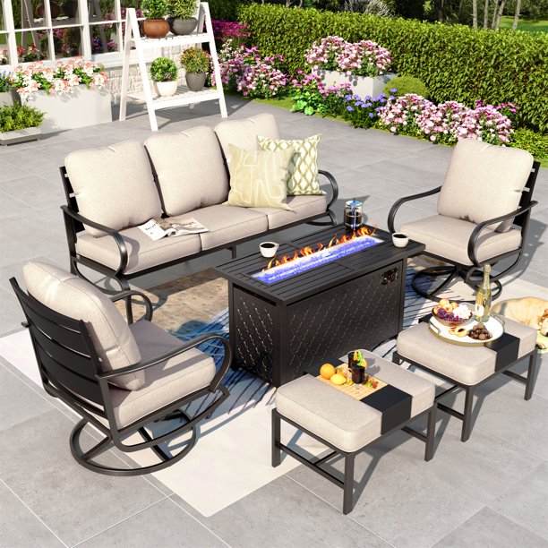 Summit Living 6 Pieces Patio Conversation Set with 45-Inch Rectangle Fire Pit, Outdoor Metal Furniture Sofa for 7 Person, Beige Cushions