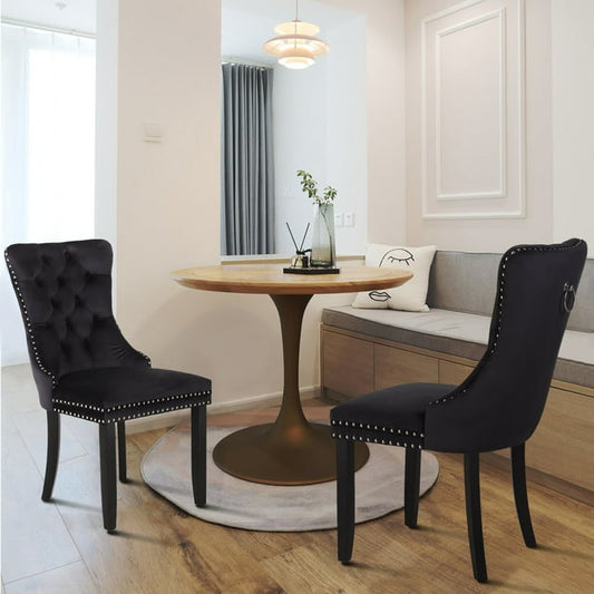 Summit Living Dining Chairs with Wood Legs Set of 2, Tufted Velvet Chair with Nailhead Trim for Kitchen, Living Room, Black