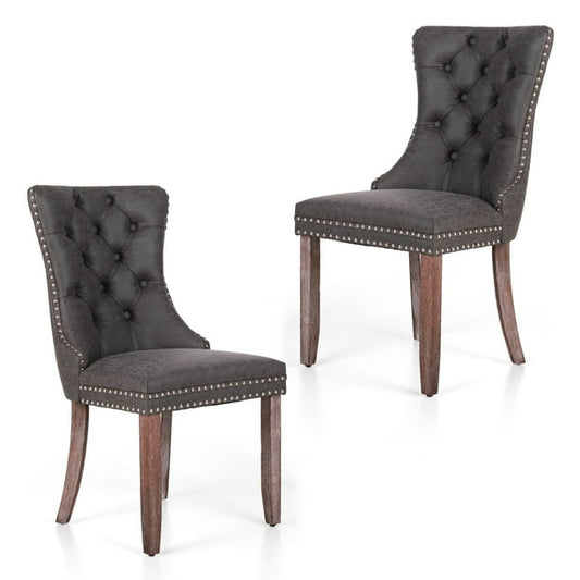 Summit Living Faux Leather Dining Chairs with Solid Wood Legs, Upholstered Button Back Kitchen Dining Room Chairs with Nailhead Trim & Ring Pull Set of 2, Gray