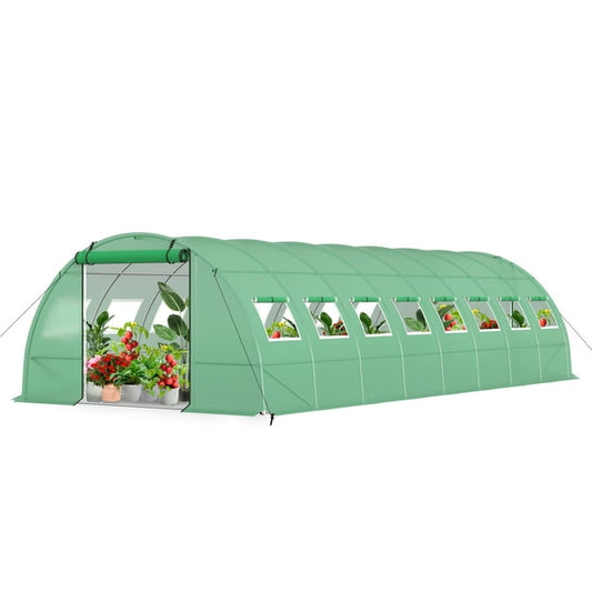 Summit Living Garden Walk-in Tunnel Greenhouse, 26×12×6.6 ft Large Outdoors Gardening Canopy Plants Shed, Galvanized Steel Frame with 2 Zippered Doors & 16 Screen Windows,Green