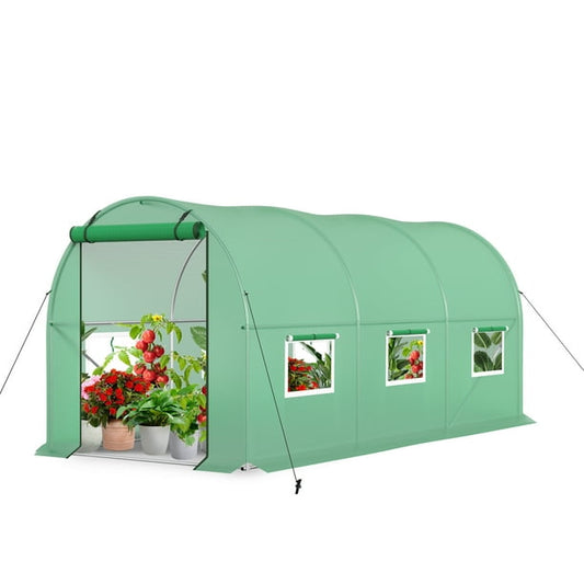 Summit Living Outdoor Walk-in Tunnel Greenhouse, 15×6.6×6.6 ft Gardening Plant Hot House Galvanized Steel Frame with 2 Zippered Doors & 6 Screen Windows, Green