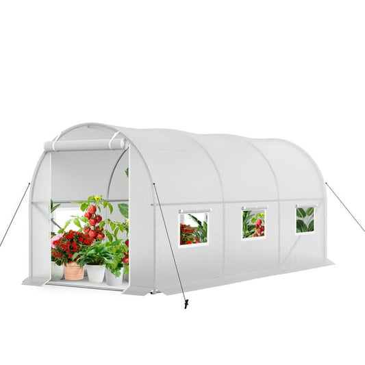 Summit Living Outdoor Walk-in Tunnel Greenhouse, 15×6.6×6.6 ft Gardening Plant Hot House with 2 Zippered Doors & 6 Screen Windows, White