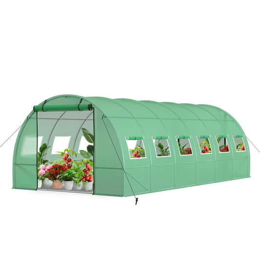 Summit Living Portable Walk-in Tunnel Greenhouse, 20×10×6.6 ft Gardening Plant Hot House Canopy, Galvanized Steel Frame with 2 Zippered Doors & 12 Screen Windows, Green