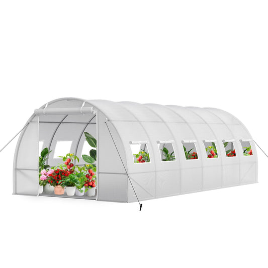 Summit Living Portable Walk-in Tunnel Greenhouse, 20×10×6.6 ft Gardening Plant Hot House Canopy, Galvanized Steel Frame with 2 Zippered Doors & 12 Screen Windows, White