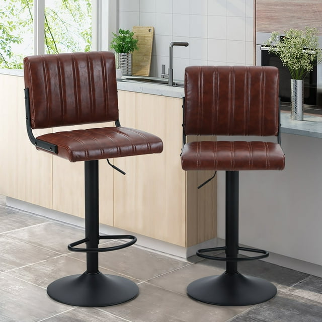 Summit Living Swivel Bar Stool Set of 2, Counter Height Adjustable Faux Leather Kitchen Chairs, Brown