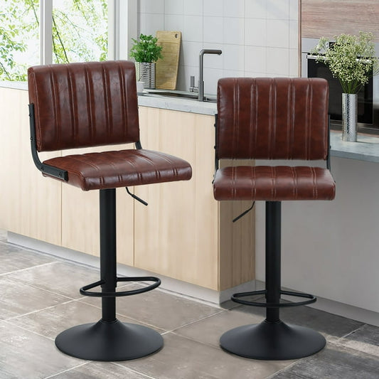 Summit Living Swivel Bar Stool Set of 2, Counter Height Adjustable Faux Leather Kitchen Chairs, Brown