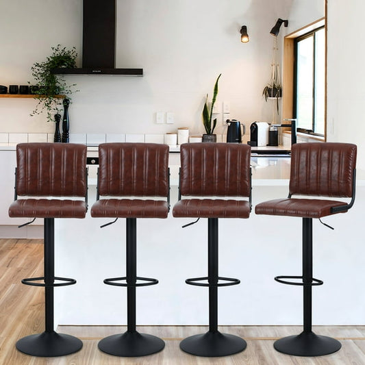Summit Living Swivel Bar Stool Set of 4, Counter Height Adjustable Faux Leather Kitchen Chairs, Brown