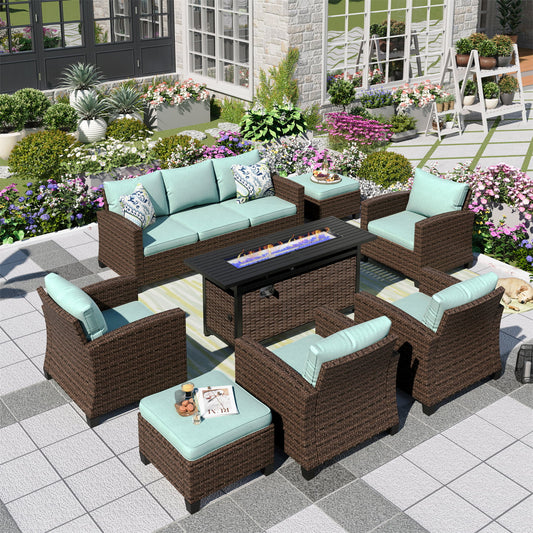 MF Studio 9-Seat Outdoor Patio Furniture Set with Fire Pit Wicker Patio Conversation Set Blue