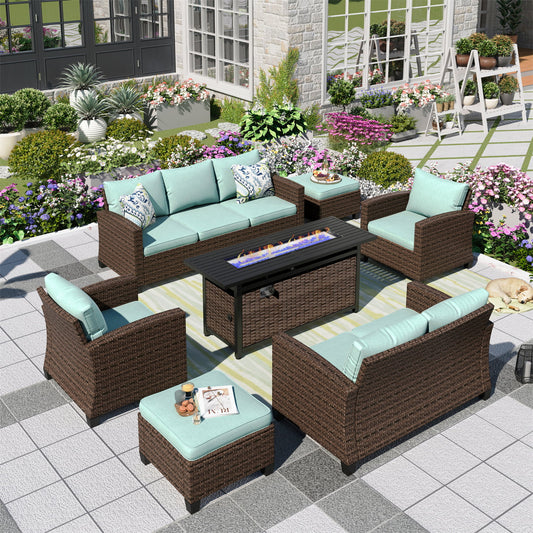 MF Studio 9-Seat Outdoor Patio Furniture Set with Fire Pit Wicker Patio Conversation Set Blue
