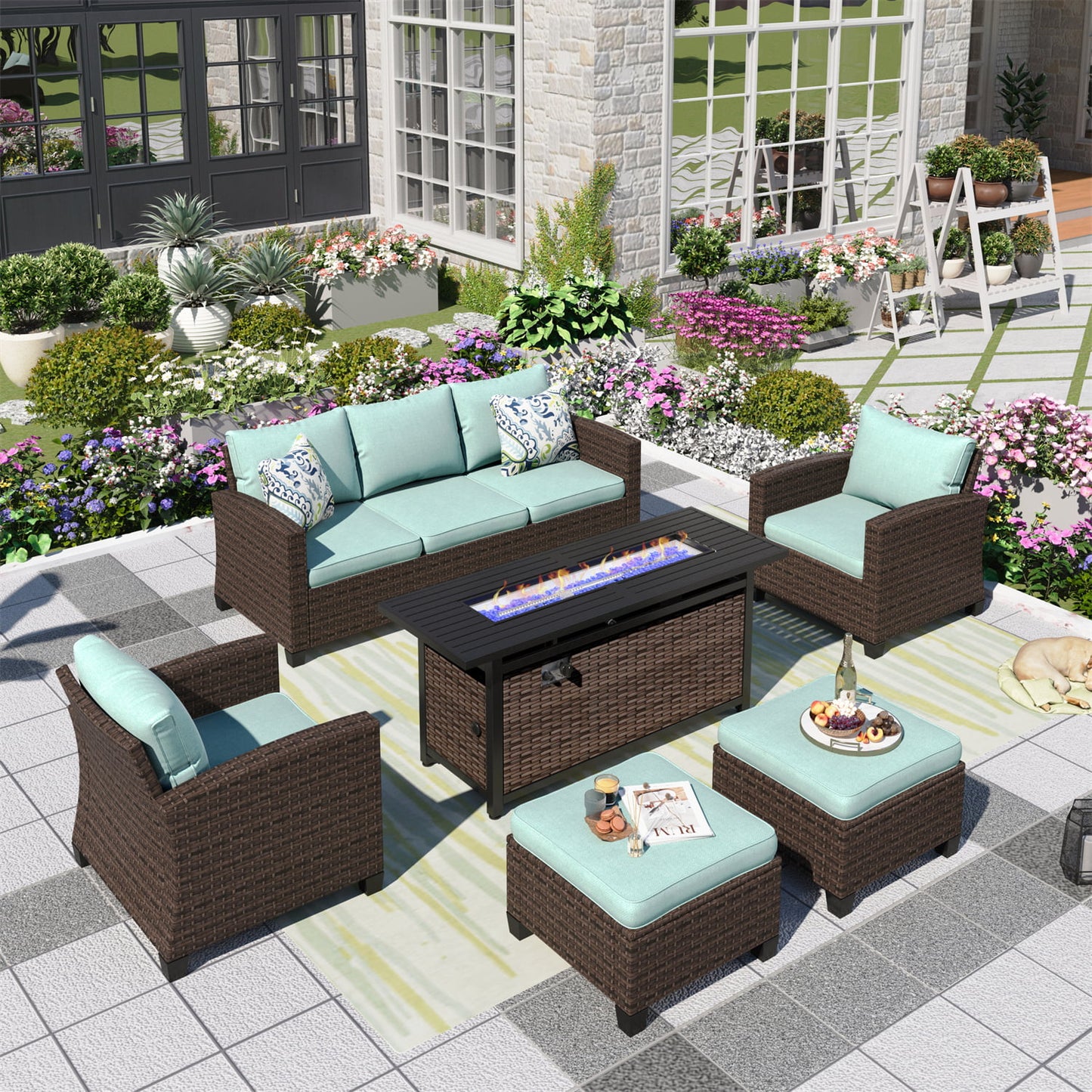 MF Studio 9-Seat Outdoor Patio Furniture Set with Fire Pit Wicker Patio Conversation Set Blue