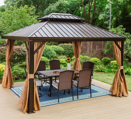 Summit Living 10 x 12 FT Outdoor Hardtop Gazebo Aluminum Frame Galvanized Steel Double Roof Patio Gazebo with Netting and Curtains Brown
